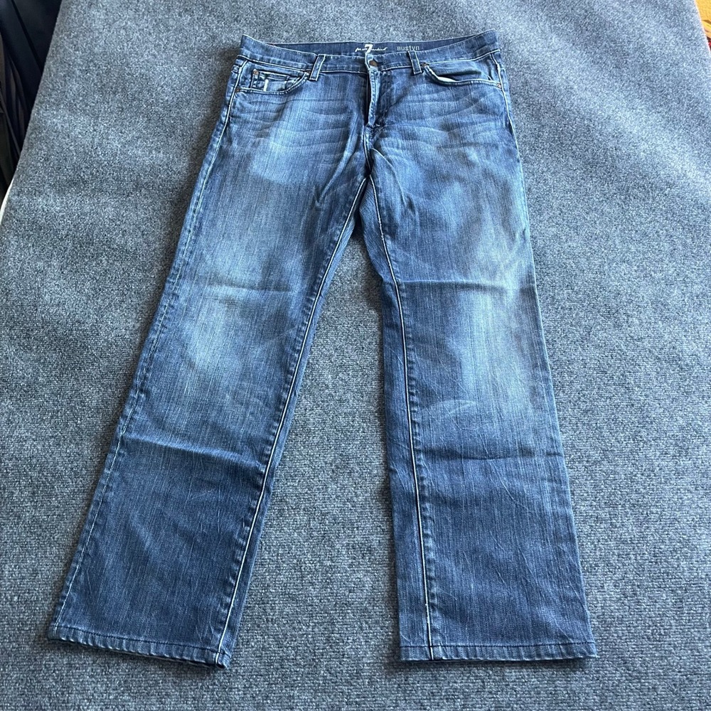 7‎ For All Mankind Austyn Relaxed Straight Jeans Mens 36x31 Blue Distressed Tear